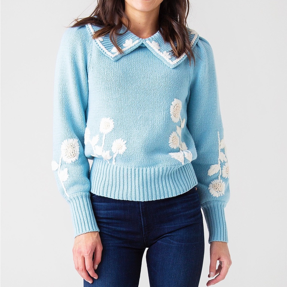 LoveShackFancy Light Blue Floral Collar Knit Sweater